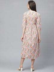 Women White Floral Printed Keyhole Neck Cotton A-Line Dress