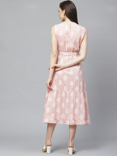 Women Pink Ethnic Motifs Printed Round Neck Cotton A-Line Dress
