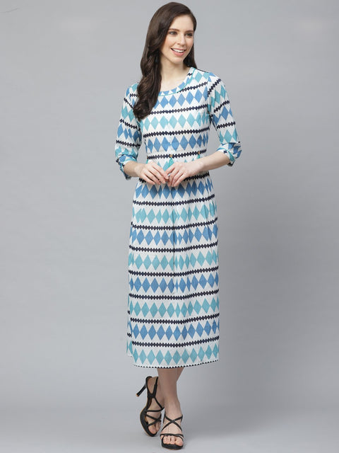 Women White  Geometric Printed Round Neck Cotton A-Line Dress