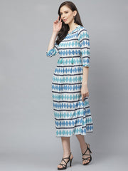 Women White  Geometric Printed Round Neck Cotton A-Line Dress