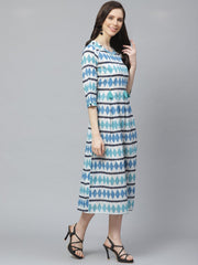 Women White  Geometric Printed Round Neck Cotton A-Line Dress