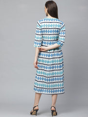 Women White  Geometric Printed Round Neck Cotton A-Line Dress