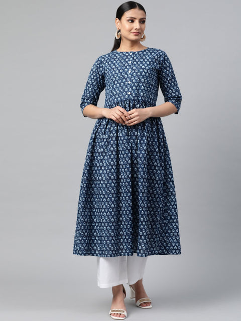Women Indigo Blue Three-Quarter Sleeves Flared Kurta With Palazzo