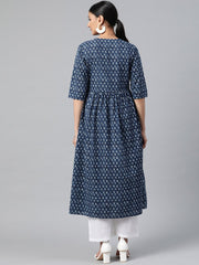 Women Indigo Blue Three-Quarter Sleeves Flared Kurta With Palazzo
