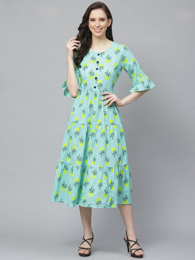 Women Blue Floral Printed Round Neck Cotton Fit and Flare Dress