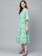 Women Blue Floral Printed Round Neck Cotton Fit and Flare Dress