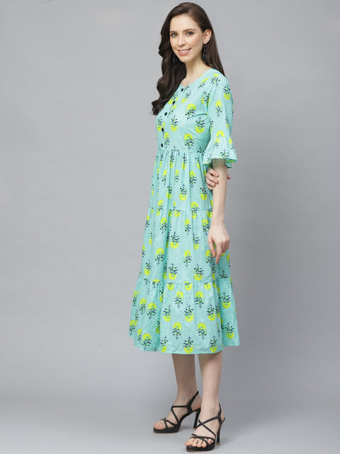 Women Blue Floral Printed Round Neck Cotton Fit and Flare Dress