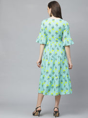 Women Blue Floral Printed Round Neck Cotton Fit and Flare Dress