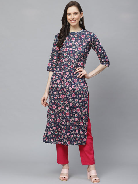 Women Navy Blue Three-Quarter Sleeves Flared Kurta with Trouser