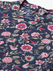 Women Navy Blue Three-Quarter Sleeves Flared Kurta with Trouser