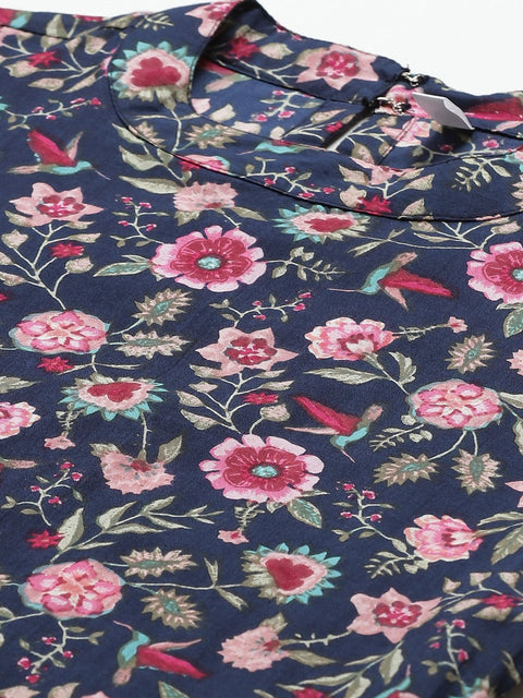 Women Navy Blue Three-Quarter Sleeves Flared Kurta with Trouser