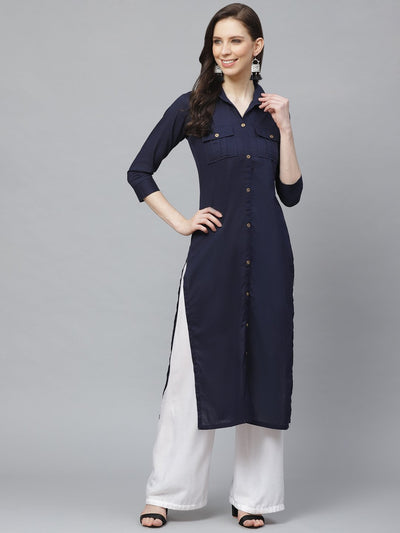 Women Navy Blue Calf Length Three-Quarter Sleeves Pathani Solid Solid Cotton Kurta