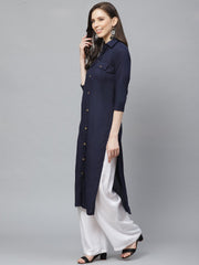 Women Navy Blue Calf Length Three-Quarter Sleeves Pathani Solid Solid Cotton Kurta