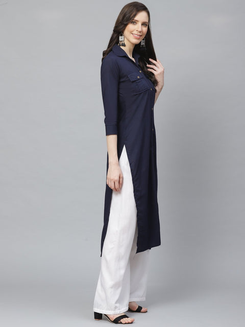 Women Navy Blue Calf Length Three-Quarter Sleeves Pathani Solid Solid Cotton Kurta