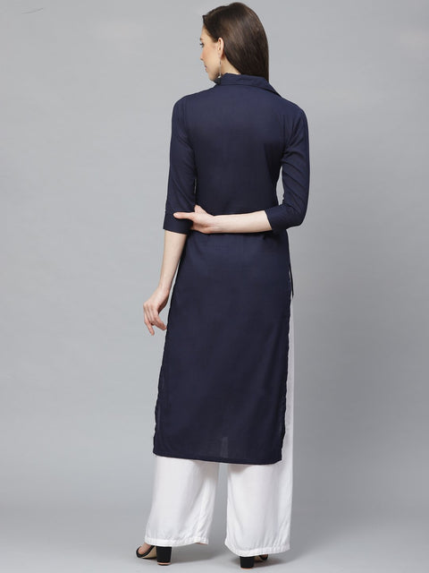 Women Navy Blue Calf Length Three-Quarter Sleeves Pathani Solid Solid Cotton Kurta