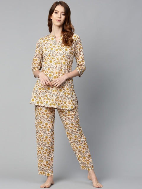 Women Cream And multi floral prnt Top and pant set