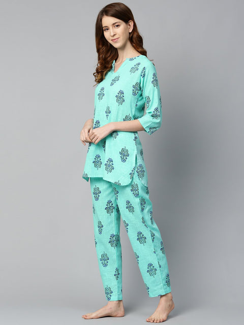 Women Turq Green And multi floral prnt Top and pant set