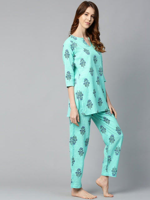 Women Turq Green And multi floral prnt Top and pant set