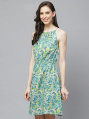 Women White and blue Floral Printed Halter Neck Cotton A-Line Dress