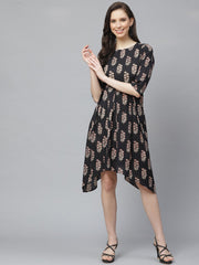 Women Black Floral Printed Round Neck Cotton Fit and Flare Dress