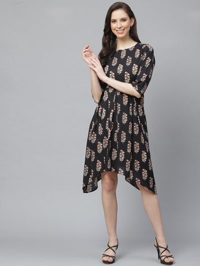 Women Black Floral Printed Round Neck Cotton Fit and Flare Dress