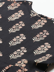Women Black Floral Printed Round Neck Cotton Fit and Flare Dress
