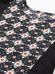 Women Black Calf Length Long Sleeves A-Line Geometric Printed Cotton Kurta