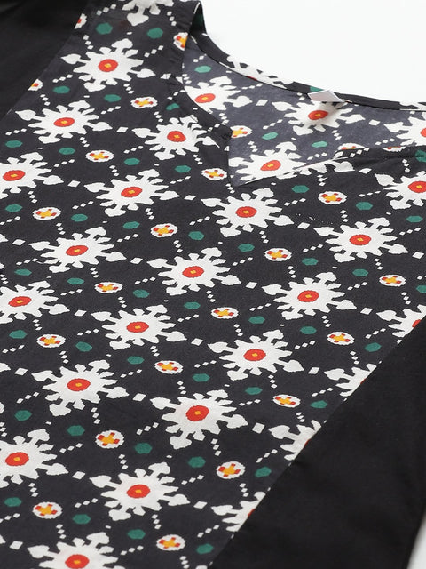 Women Black Calf Length Long Sleeves A-Line Geometric Printed Cotton Kurta