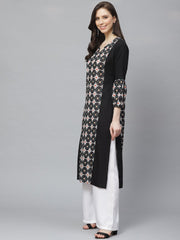 Women Black Calf Length Long Sleeves A-Line Geometric Printed Cotton Kurta