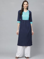 Women Navy Blue Calf Length Three-Quarter Sleeves Straight Solid Yoke Design Cotton Kurta