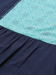 Women Navy Blue Calf Length Three-Quarter Sleeves Straight Solid Yoke Design Cotton Kurta