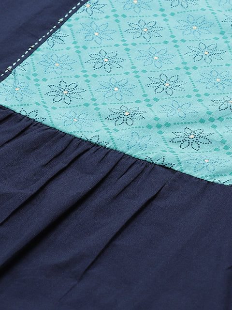 Women Navy Blue Calf Length Three-Quarter Sleeves Straight Solid Yoke Design Cotton Kurta