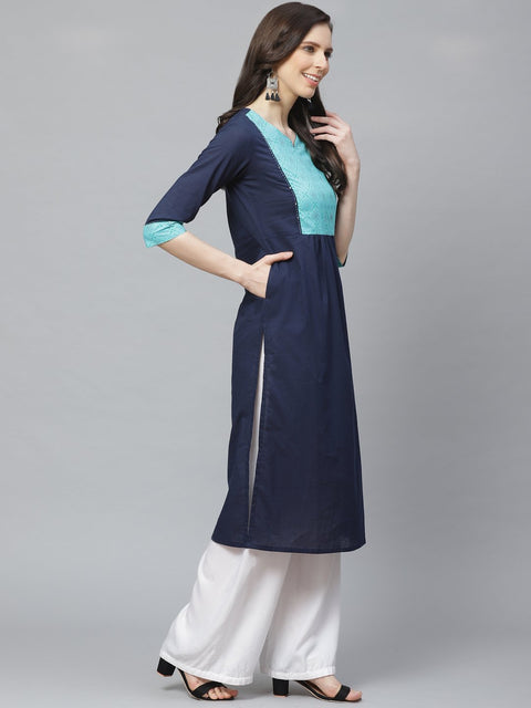 Women Navy Blue Calf Length Three-Quarter Sleeves Straight Solid Yoke Design Cotton Kurta