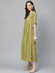 Women Green Floral Printed Round Neck Cotton A-Line Dress