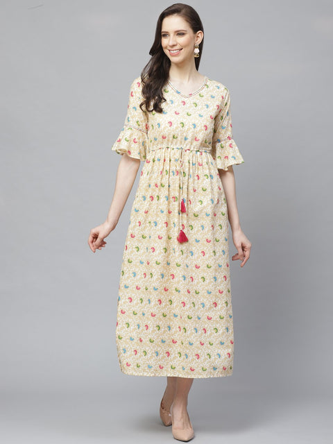 Women White Floral Printed V-Neck Cotton Fit and Flare Dress