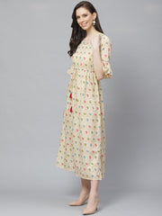 Women White Floral Printed V-Neck Cotton Fit and Flare Dress