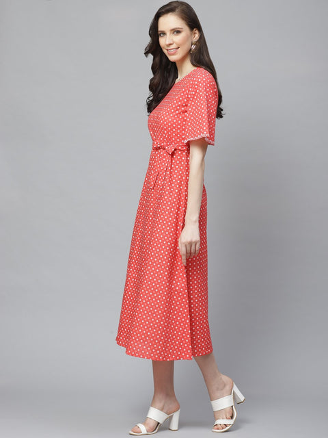 Women Peach Floral Printed Round Neck Cotton Fit and Flare Dress
