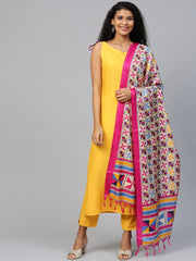 Women Mustard  Sleeveless Straight Kurta Trouser Dupatta set