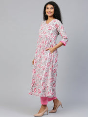 Women White Three-Quarter Sleeves Flared Kurta and Trouser Set