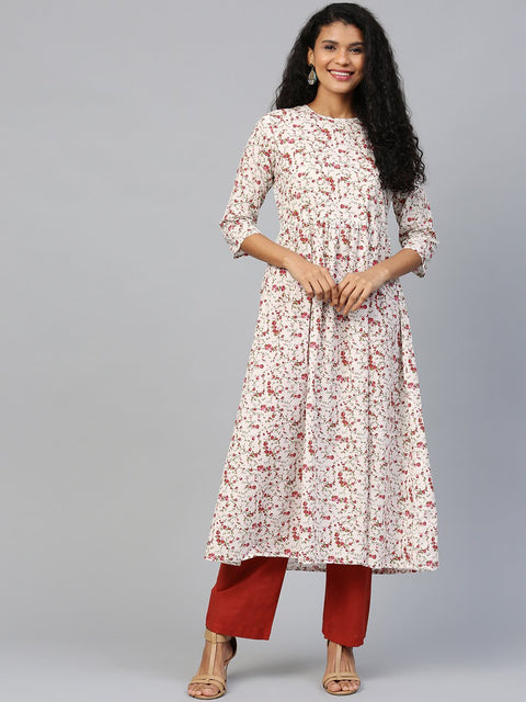 Women White Three-Quarter Sleeves Flared Kurta and Trouser Set