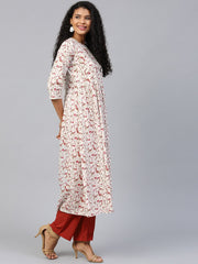 Women White Three-Quarter Sleeves Flared Kurta and Trouser Set