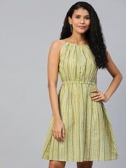 Women Multi Striped Striped Halter Neck Cotton A-Line Dress