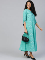 Women Blue Floral Printed V-Neck Cotton Maxi Dress