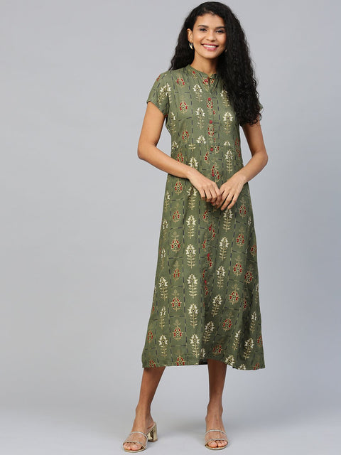 Women Grey Floral Printed Mandarin Collar Viscose Rayon Fit and Flare Dress