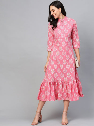 Women Pink Ethnic Motifs Printed Mandarin Collar Cotton Maxi Dress