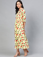 Women Yellow Floral Printed V-Neck Viscose Rayon Maxi Dress