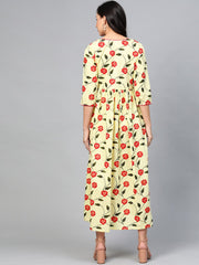 Women Yellow Floral Printed V-Neck Viscose Rayon Maxi Dress