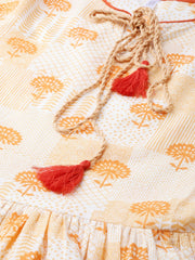 Women Off white Floral Printed Round Neck Cotton A-Line Dress