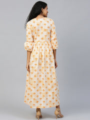 Women Off white Floral Printed Round Neck Cotton A-Line Dress