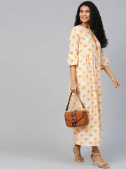 Women Off white Floral Printed Round Neck Cotton A-Line Dress